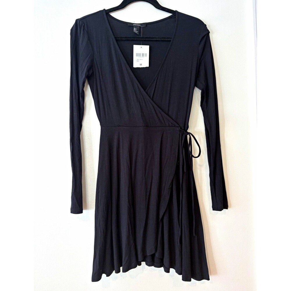 FOREVER 21 Women’s Black Wrap Dress V-Neck Long Sleeve Short Stretch Size M